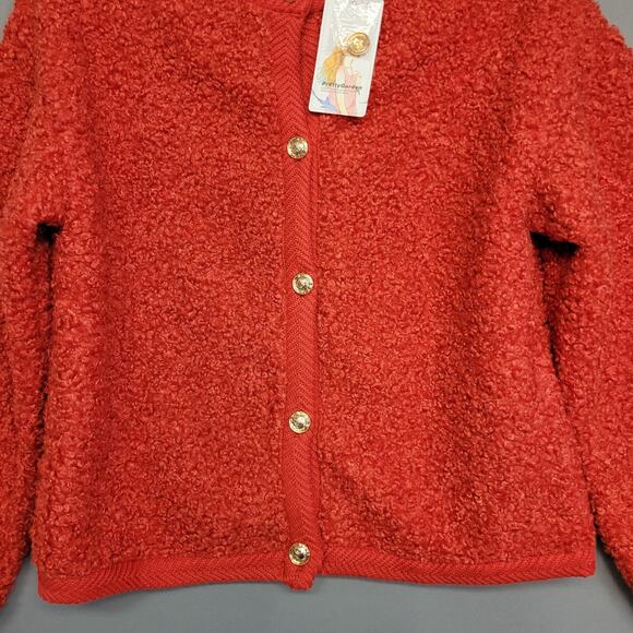 Pretty Garden Fuzzy Cardigan Womens M Red Button Front Faux Fur Shearling New - Picture 3 of 13
